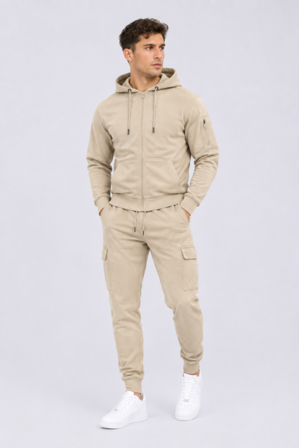 Men's Full-Zip Hoodie & Cargo Jogger Tracksuit Skin Beige