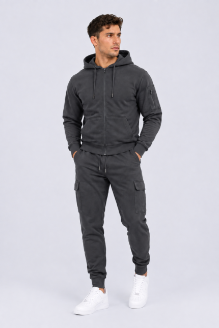 Men's Full-Zip Hoodie & Cargo Jogger Tracksuit Gun Metal