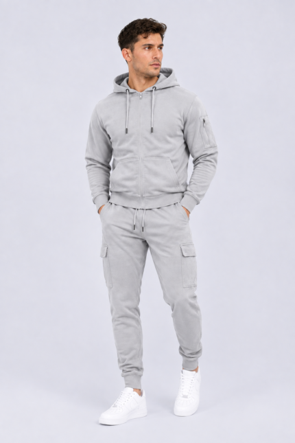 Men's Silver Grey Full Zip Hoodie & Cargo Joggers Tracksuit Set
