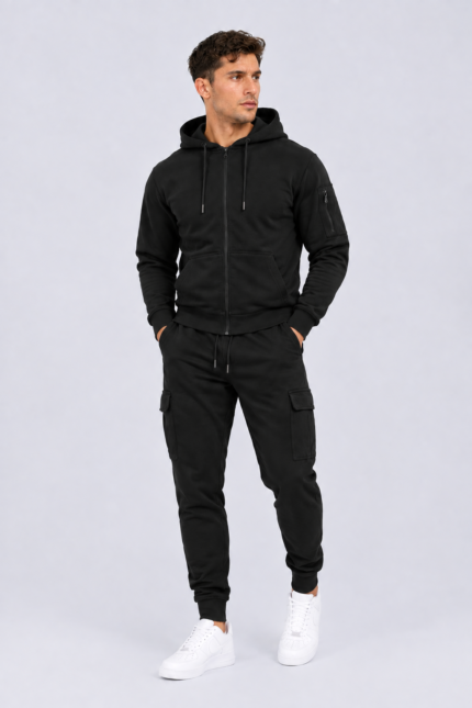 Men's Black Full Zip Hoodie & Cargo Joggers Tracksuit Set